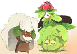 blush colored_skin creatures_(company) crown dark_skin frown game_freak gen_5_pokemon green_hair lilligant mino_mokkori nintendo open_mouth pink_eyes pokemon pokemon_(creature) smile standing swadloon whimsicott white_eyes white_hair white_skin yellow_eyes yellow_skin