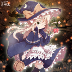 Rule 34 | 1girl, ;), absurdres, apple, black thighhighs, blonde hair, blush, capelet, coreytaiyo, crescent, crescent hair ornament, dress, food, fruit, grin, hair ornament, halloween, hat, hat ornament, highres, kirisame marisa, long hair, looking at viewer, one eye closed, smile, solo, star (symbol), star hair ornament, star hat ornament, thighhighs, touhou, very long hair, wavy hair, witch, witch hat, yellow eyes, zettai ryouiki