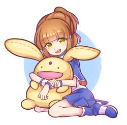 Rule 34 | 1girl, arle nadja, blue cape, blue footwear, blue skirt, blunt bangs, blush, boots, brown hair, cape, carbuncle (puyopuyo), holding, holding stuffed toy, kneeling, open mouth, pimyuhuwa, ponytail, puyopuyo, shirt, skirt, solo, stuffed animal, stuffed toy, teeth, upper teeth only, white shirt, yellow eyes