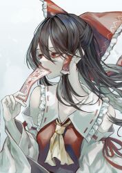 Rule 34 | 1girl, absurdres, bare shoulders, black hair, bow, breasts, closed mouth, collared dress, detached sleeves, dress, fingernails, frills, grey background, hair between eyes, hair ornament, hair tubes, hakurei reimu, hand up, highres, holding, long fingernails, long hair, long sleeves, looking to the side, medium breasts, ofuda, red bow, red dress, red eyes, red ribbon, ribbon, ribbon-trimmed sleeves, ribbon trim, safutsuguon, simple background, solo, teeth, touhou, wide sleeves, yin yang, yin yang print