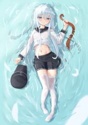 1girl absurdres anchor_symbol blue_eyes hat hibiki_(kancolle) highres kantai_collection long_hair long_sleeves lying mrw45 navel on_back partially_submerged sailor_collar school_uniform see-through_clothes serafuku solo thighhighs unworn_hat unworn_headwear water wet wet_clothes white_hair white_thighhighs