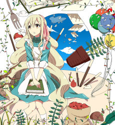 Rule 34 | 1girl, apple, balloon, blonde hair, book, buttoned cuffs, buttons, cake, cream, food, food on face, fork, fruit, highres, kagerou project, kozakura marry, leaf, long hair, mushroom, pen, plant, pocky, sinomi, sky, solo, souzou forest (vocaloid), strawberry, vase, vocaloid