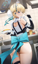 Rule 34 | 1girl, absurdres, ass, blonde hair, blue archive, blue bow, blue eyes, bow, bun cover, closed mouth, cowboy shot, earpiece, faucet, fingerless gloves, food, frills, from behind, gloves, gonggo, hair bun, halo, highres, holding, holding food, holding plate, jar, kitchen, leotard, looking at viewer, looking back, maid, maid headdress, omelet, plate, solo, thigh strap, thighs, tile wall, tiles, toki (blue archive), v, waist bow