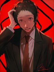 Rule 34 | 1boy, @ @, adachi tooru, black jacket, brown eyes, brown hair, collared shirt, commentary request, hand on own head, hand up, highres, jacket, long sleeves, looking at viewer, male focus, momotamago, necktie, nervous, nervous sweating, open clothes, open jacket, open mouth, persona, persona 4, red background, red necktie, shirt, short hair, signature, solo, sweat, upper body, white shirt