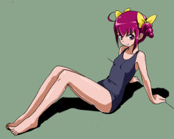 Rule 34 | 10s, 1girl, barefoot, bow, green background, hair bow, hoshizora miyuki, looking at viewer, one-piece swimsuit, pink eyes, pink hair, precure, rohitsuka, short hair, sitting, smile, smile precure!, solo, swimsuit