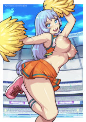 Rule 34 | 1girl, :d, arm up, bare shoulders, blue eyes, blue hair, boku no hero academia, breasts, breasts out, bright pupils, cheerleader, crop top, feet out of frame, from side, hadou nejire, hand up, large breasts, long hair, looking at viewer, miniskirt, navel, nipples, open mouth, orange skirt, patreon username, pink footwear, pleated skirt, pom pom (cheerleading), redjet, shirt, shoes, skirt, smile, socks, solo, stadium, standing, standing on one leg, torn clothes, u.a. cheerleader uniform, white socks