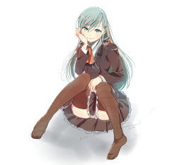 Rule 34 | 10s, 1girl, aqua hair, bad id, bad pixiv id, blush, brown thighhighs, full body, hair ornament, hairclip, kantai collection, long hair, looking at viewer, school uniform, simple background, sitting, skirt, smile, solo, suzuya (kancolle), thighhighs, ume (plumblossom)
