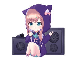 Rule 34 | 1girl, :3, :q, animal ears, animal hood, blue dress, bow, braid, brown hair, cat hood, chibi, closed mouth, collared dress, dress, fake animal ears, full body, green eyes, hair ornament, hairclip, headphones, headphones around neck, highres, hood, hood up, hooded jacket, jacket, knees up, liang feng qui ye, long hair, long sleeves, looking at viewer, microphone, nijisanji, open clothes, open jacket, pink bow, pink footwear, puffy long sleeves, puffy sleeves, purple jacket, shoes, simple background, sitting, sleeves past wrists, solo, speaker, suzuhara lulu, tongue, tongue out, virtual youtuber, white background, white bow