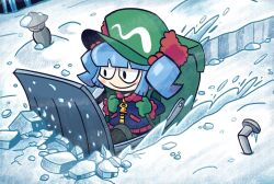 Rule 34 | 1girl, backpack, bag, black eyes, black jacket, blue hair, blunt bangs, closed mouth, commentary, english commentary, flat cap, full body, gloves, green bag, green gloves, green hat, hair bobbles, hair ornament, hat, jacket, jizou, kawashiro nitori, kevin arthur, key, looking at viewer, outdoors, short hair, smile, snow, snowplow, solo, touhou, two side up, walking, winter clothes
