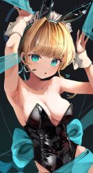 Rule 34 | 1girl, absurdres, animal ears, aqua ribbon, armpits, arms up, bare shoulders, black leotard, blonde hair, blue archive, breasts, bubble99, cleavage, collarbone, fake animal ears, headset, highres, leotard, looking at viewer, maid headdress, medium breasts, playboy bunny, rabbit ears, rabbit pose, ribbon, solo, toki (blue archive), wrist cuffs