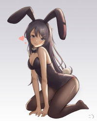 Rule 34 | 1girl, animal ears, bare arms, bare shoulders, black bow, black bowtie, black hair, black leotard, black pantyhose, bow, bowtie, breasts, cleavage, commentary request, detached collar, fake animal ears, hair ornament, hairclip, heart, highres, kneeling, large breasts, leotard, long hair, looking at viewer, pantyhose, playboy bunny, purple eyes, rabbit ears, sakurajima mai, seishun buta yarou, smiley face, solo, strapless, strapless leotard, wei xiao, wrist cuffs