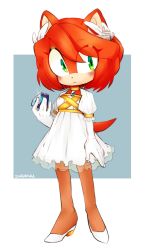 Rule 34 | 1girl, dress, elbow gloves, feather hair ornament, feathers, full body, furrification, furry, furry female, gem, gloves, green eyes, hair ornament, high heels, highres, holding, holding gem, lottei0, princess elise the third, red hair, solo, sonic (series), sonic the hedgehog (2006), standing, white dress, white gloves