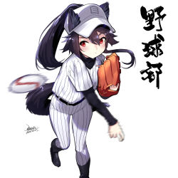 Rule 34 | baseball, baseball cap, baseball glove, baseball uniform, black hair, blush, ejami, fox girl, hat, red eyes, sportswear, tail, throwing