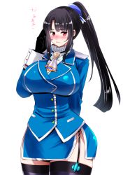 Rule 34 | 1girl, alternate hairstyle, black hair, blush, breasts, curvy, garter straps, gloves, huge breasts, kantai collection, long hair, looking at viewer, looking away, military, military uniform, parted bangs, perepere-kun, ponytail, red eyes, solo, takao (kancolle), thick thighs, thighhighs, thighs, translation request, uniform, wide hips