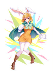 Rule 34 | absurdres, blonde hair, boots, bow, capelet, carrot (one piece), high heels, highres, one piece, rabbit ears, rabbit girl, rabbit tail, ribbon bow, short hair, white fur