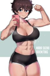 Rule 34 | 1girl, abs, amogan, arms up, black shorts, black sports bra, blue eyes, breasts, brown hair, cellphone, cleavage, clenched hand, flexing, girls und panzer, highres, holding, holding phone, large breasts, looking at viewer, muscular, muscular female, navel, one eye closed, open mouth, phone, pixie cut, selfie, short hair, short shorts, shorts, simple background, smile, solo, sports bra, steaming body, suzuki (girls und panzer), sweat, white background