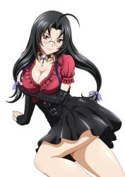 Rule 34 | 1girl, ahoge, black hair, black skirt, breasts, cleavage, female focus, highres, ikkitousen, jewelry, kaku bunwa, large breasts, long hair, looking at viewer, necklace, short sleeves, simple background, skirt, smile, solo, twintails, white background