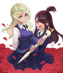 Rule 34 | 10s, 2girls, blonde hair, blue eyes, blush, breasts, brown hair, closed mouth, diana cavendish, flower, green hair, highres, kagari atsuko, little witch academia, long hair, looking at viewer, medium breasts, multicolored hair, multiple girls, open mouth, red eyes, red flower, red rose, rose, smile, ziongqian
