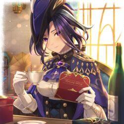 1girl bottle cape clorinde_(genshin_impact) corset cup genshin_impact gloves happy_birthday hat highres holding holding_cup indoors looking_at_viewer purple_cape purple_eyes purple_hair shirt short_hair smile solo tricorne upper_body wakame1441 white_gloves white_shirt