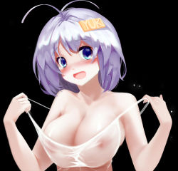 Rule 34 | 1girl, antenna hair, bad id, bad pixiv id, bag, blue eyes, blush, breasts, hair ornament, large breasts, light purple hair, looking at viewer, m.mikasa, meme attire, nipples, nose blush, open mouth, original, plastic bag, plastic bag swimsuit, see-through, short hair, solo, strap pull, tears, upper body