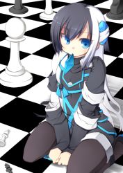 Rule 34 | 1girl, between legs, black hair, black pantyhose, blue eyes, board game, borrowed character, checkered floor, chess, floor, hair ornament, hand between legs, hasumi takashi, long hair, long sleeves, mouth hold, multicolored hair, norah bright, object in mouth, original, pantyhose, seiza, sitting, sleeves past wrists, solo, split-color hair, two-tone hair, white hair