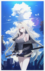 Rule 34 | 1girl, absurdres, bad id, bad pixiv id, bare shoulders, black jacket, black shorts, breasts, camisole, cleavage, closed mouth, cloud, expressionless, glint, grey shirt, hair intakes, highres, holding, holding sword, holding weapon, jacket, katana, large breasts, long hair, long sleeves, looking at viewer, off shoulder, open clothes, open jacket, original, orn, red eyes, sheath, shirt, short shorts, shorts, sleeveless, sleeveless shirt, solo, spaghetti strap, standing, sword, thighs, unsheathing, very long hair, weapon, white hair