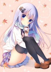 Rule 34 | 1girl, autumn leaves, black bow, black thighhighs, blue eyes, blue hair, blue scarf, blue skirt, blush, bow, brown background, brown footwear, commentary request, cup, disposable cup, gochuumon wa usagi desu ka?, hair bow, head tilt, heart, kafuu chino, leaf, loafers, long hair, long sleeves, looking at viewer, maple leaf, miniskirt, parted lips, plaid, plaid skirt, pleated skirt, polka dot, polka dot background, pom pom (clothes), scarf, shibainu niki, shoes, simple background, sitting, skirt, solo, sparkle, sweater, tareme, thighhighs, thighs, tippy (gochiusa), white sweater