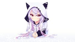 Rule 34 | 1girl, akino sora, animal ears, animal hat, animal hood, azuma lim, azuma lim channel, blush, cat ears, closed mouth, collarbone, commentary request, ear piercing, fingernails, fingers together, hair between eyes, hat, hood, hood up, hoodie, long hair, lying, on stomach, piercing, red eyes, silver hair, solo, very long hair, virtual youtuber, white background, white hoodie