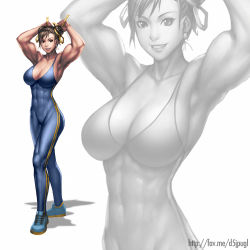Rule 34 | 1990s (style), 1girl, abs, adjusting hair, armpits, breasts, capcom, chun-li, double bun, earrings, highres, jewelry, large breasts, muscular, muscular female, neoartcore, shoes, smile, sneakers, solo, street fighter, street fighter zero (series), unitard, watermark, web address, zoom layer