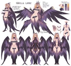 Rule 34 | 1girl, artist name, bird legs, black feathers, black wings, breasts, censored, character name, character sheet, claws, cup, english text, extra arms, fangs, feather hair, feathers, harpy, highres, holding, holding cup, large breasts, lip piercing, monster girl, nahilla lhore (shysiren), navel, original, piercing, pointy ears, shysiren, talons, tongue piercing, wide hips, winged arms, wings, yellow eyes
