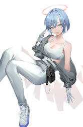 Rule 34 | 1girl, :p, absurdres, arknights, bare shoulders, blue hair, breasts, cleavage, closed mouth, collarbone, commentary request, feet out of frame, gloves, green eyes, grey jacket, hair between eyes, halo, highres, holding, jacket, knees together feet apart, looking at viewer, mea (hwaksal), medium breasts, off shoulder, open clothes, open jacket, pants, shoes, simple background, smile, solo, spuria (arknights), tank top, tongue, tongue out, white background, white footwear, white gloves, white pants, white tank top