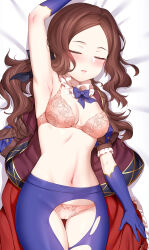 Rule 34 | 1girl, arm up, armpits, black bow, blue gloves, blue pantyhose, blush, bow, bra, breasts, brown hair, cameltoe, cleft of venus, cropped, detached collar, elbow gloves, fate/grand order, fate (series), gloves, hair ornament, highres, leonardo da vinci (fate), leonardo da vinci (fate/grand order), leonardo da vinci (rider) (fate), long hair, m-da s-tarou, navel, panties, pantyhose, pink bra, pink panties, sleeping, small breasts, smile, solo, stomach, torn clothes, underwear