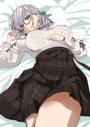 Rule 34 | 1girl, absurdres, anno masato, glasses, green eyes, grey hair, highres, hololive, looking at viewer, lying, shirogane noel, solo, sweater, unfinished, virtual youtuber, white sweater