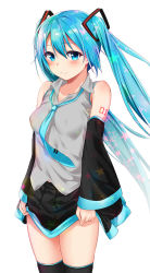 Rule 34 | 1girl, aqua eyes, aqua hair, bare shoulders, black thighhighs, breasts, clothes lift, covered erect nipples, detached sleeves, hatsune miku, headphones, highres, jack dempa, long hair, medium breasts, necktie, skirt, skirt lift, sleeveless, smile, solo, thighhighs, twintails, very long hair, vocaloid, zettai ryouiki
