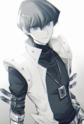 Rule 34 | 1boy, black shirt, blue eyes, card, grin, jewelry, kaiba seto, limited palette, long sleeves, looking at viewer, male focus, nanase (nns 6077), necklace, shirt, simple background, smile, solo, upper body, white background, yu-gi-oh!