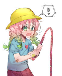 Rule 34 | !, 1girl, absurdres, adapted weapon, aged down, bandaid, bandaid on arm, bandaid on hand, blush, braid, child, commentary, cowboy shot, english commentary, flying sweatdrops, gradient hair, green eyes, green hair, hat, highres, holding, holding weapon, holding whip, kanroji mitsuri, kimetsu no yaiba, kindergarten uniform, long hair, looking away, mixed-language commentary, mole, mole under eye, multicolored hair, multiple braids, nose blush, pink hair, red skirt, school hat, simple background, sketch, skirt, solo, spoken exclamation mark, tri braids, tri tails, two-tone hair, vallro, weapon, whip, white background, yellow hat