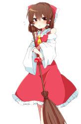 Rule 34 | 1girl, aoi (annbi), ascot, blush, bow, box, broom, brown eyes, brown hair, detached sleeves, dress, flying sweatdrops, gift, gift box, hair bow, hair tubes, hakurei reimu, heart-shaped box, incoming gift, long sleeves, open mouth, red dress, solo, touhou, wide sleeves