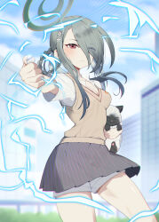 Rule 34 | 1girl, animal, blue archive, breasts, brown vest, cat, cleavage, closed mouth, collared shirt, cosplay, electricity, eyes visible through hair, flower, green hair, green halo, grey skirt, hair flower, hair ornament, hair over one eye, halo, highres, long hair, looking at viewer, matsumoto tomoyohi, mina (blue archive), misaka mikoto, misaka mikoto (cosplay), pleated skirt, red eyes, school uniform, shirt, skirt, small breasts, solo, toaru kagaku no railgun, toaru majutsu no index, tokiwadai school uniform, vest, white flower, white shirt