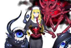 Rule 34 | 1girl, blonde hair, blue eyes, blush, bone, bow, braid, closed mouth, dabuki, demon, extra eyes, floating hair, gloves, hair between eyes, hair bow, hand on own hip, highres, light blush, long hair, monster, nun, open mouth, original, red bow, ribs, simple background, skeleton, skull, smoke, spine, teeth, thinking, torn clothes, turtleneck, white background, white gloves