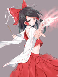 Rule 34 | 1girl, between fingers, black hair, bow, detached sleeves, foreshortening, ginopi, gohei, grey background, hair bow, hair tubes, hakurei reimu, holding, long hair, long sleeves, midriff, navel, ofuda, outstretched arms, pleated skirt, red bow, red eyes, red skirt, ribbon-trimmed sleeves, ribbon trim, serious, simple background, skirt, skirt set, spread arms, touhou, wide sleeves, yin yang