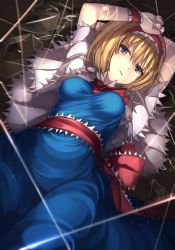 Rule 34 | 1girl, alice margatroid, arms up, ascot, blonde hair, blue dress, blue eyes, breasts, broken glass, capelet, dress, glass, hairband, janne cherry, lolita hairband, looking at viewer, lying, medium breasts, parted lips, sash, short hair, solo, string, touhou, wrist cuffs