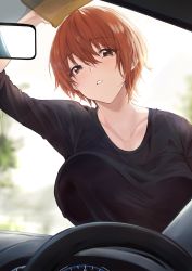 Rule 34 | 1girl, absurdres, against glass, akito (d30n26), arm up, breast press, breasts, breasts on glass, brown eyes, car, car wash, collarbone, day, highres, large breasts, long sleeves, looking at viewer, motor vehicle, nagi (akito), original, parted lips, short hair, solo, steering wheel, upper body, washing, windshield