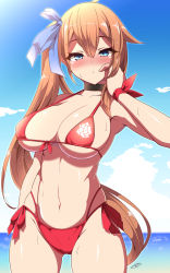 Rule 34 | 1girl, antenna hair, bikini, blue eyes, blue sky, blush, breasts, brown hair, cleavage, closed mouth, cloud, cloudy sky, fal (fal&#039;s summer) (girls&#039; frontline), fal (girls&#039; frontline), front-tie bikini top, front-tie top, girls&#039; frontline, hair between eyes, hair ribbon, hand on own cheek, hand on own face, highres, large breasts, long hair, looking at viewer, multi-strapped bikini, navel, ocean, official alternate costume, red bikini, ribbon, sayossa (pak-front), side ponytail, sky, solo, summer, swimsuit, wet