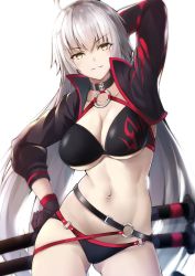 Rule 34 | 1girl, absurdres, ahoge, arm behind head, arm up, belt, bikini, black bikini, black gloves, black jacket, breasts, choker, cleavage, commentary request, cropped jacket, fate/grand order, fate (series), gloves, hair between eyes, hand on own hip, hazuki gyokuto, highres, jacket, jeanne d&#039;arc alter (swimsuit berserker) (fate), jeanne d&#039;arc (fate), jeanne d&#039;arc alter (fate), jeanne d&#039;arc alter (swimsuit berserker) (fate), katana, large breasts, long hair, long sleeves, looking at viewer, navel, seductive smile, sheath, silver hair, simple background, smile, solo, swimsuit, sword, very long hair, weapon, white background, yellow eyes