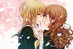 Rule 34 | 2girls, ayaca, blonde hair, brown eyes, brown hair, cherry blossoms, closed mouth, crying, crying with eyes open, from side, hair between eyes, holding hands, imminent kiss, interlocked fingers, jewelry, light smile, long hair, maria-sama ga miteru, multiple girls, necklace, petals, profile, rosary, satou sei, school uniform, serafuku, short hair, tears, toudou shimako, upper body, wavy hair