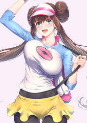 Rule 34 | 1girl, black pantyhose, blue eyes, blush, breasts, brown hair, collarbone, commentary, creatures (company), double bun, doughnut hair bun, game freak, hair bun, highres, large breasts, long hair, long sleeves, looking at viewer, nintendo, open mouth, pantyhose, pantyhose under shorts, pokemon, pokemon bw2, raglan sleeves, rosa (pokemon), shirt, short shorts, shorts, smile, solo, thighs, twintails, unaligned breasts, visor cap, yellow shorts, zucchini