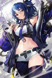 Rule 34 | 1girl, arm up, armpits, asymmetrical legwear, bare shoulders, belt, blue hair, blue jacket, blue neckwear, blue pantyhose, blue thighhighs, breasts, collared shirt, cowboy shot, crop top, goomrrat, hair between eyes, hair ornament, highres, jacket, jewelry, long hair, long sleeves, looking at viewer, medium breasts, micro shorts, midriff, multicolored hair, navel, open clothes, open fly, open jacket, original, outstretched arm, pantyhose, ponytail, puffy sleeves, revealing clothes, ring, shirt, shorts, single leg pantyhose, single thighhigh, sleeveless, sleeveless shirt, smile, solo, stomach, streaked hair, thighhighs, thighs, white shirt, white shorts, yellow eyes