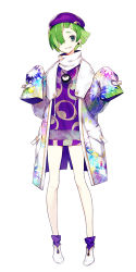 Rule 34 | 1girl, beret, commentary request, dress, earrings, full body, fuyuno yuuki, green eyes, green hair, hair over one eye, hat, jacket, jewelry, long sleeves, open clothes, open jacket, original, parted lips, purple dress, purple hat, purple socks, shoes, short dress, short sleeves, simple background, sleeves past fingers, sleeves past wrists, socks, solo, white background, white footwear, white jacket