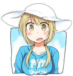 Rule 34 | 1girl, blonde hair, blue shirt, blush, border, breasts, commentary request, eyebrows visible through hat, hat, ichii yui, long hair, looking at viewer, low twintails, medium breasts, open mouth, print shirt, shirt, solo, sweatdrop, tatsunokosso, twintails, upper body, white hat, yellow eyes, yuyushiki