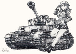 Rule 34 | 1girl, adjusting clothes, adjusting headwear, ankle boots, boots, commentary, dated, emblem, girls und panzer, hat, highres, holding, holding instrument, instrument, jacket, kantele, keizoku (emblem), keizoku military uniform, leg up, long hair, long sleeves, looking at viewer, mika (girls und panzer), military, military uniform, military vehicle, miniskirt, monochrome, motor vehicle, nspa (spa-jcs), panzer iv, panzer iv, pen (medium), pleated skirt, raglan sleeves, skirt, socks, solo, standing, standing on one leg, tank, track jacket, tulip hat, twitter username, uniform